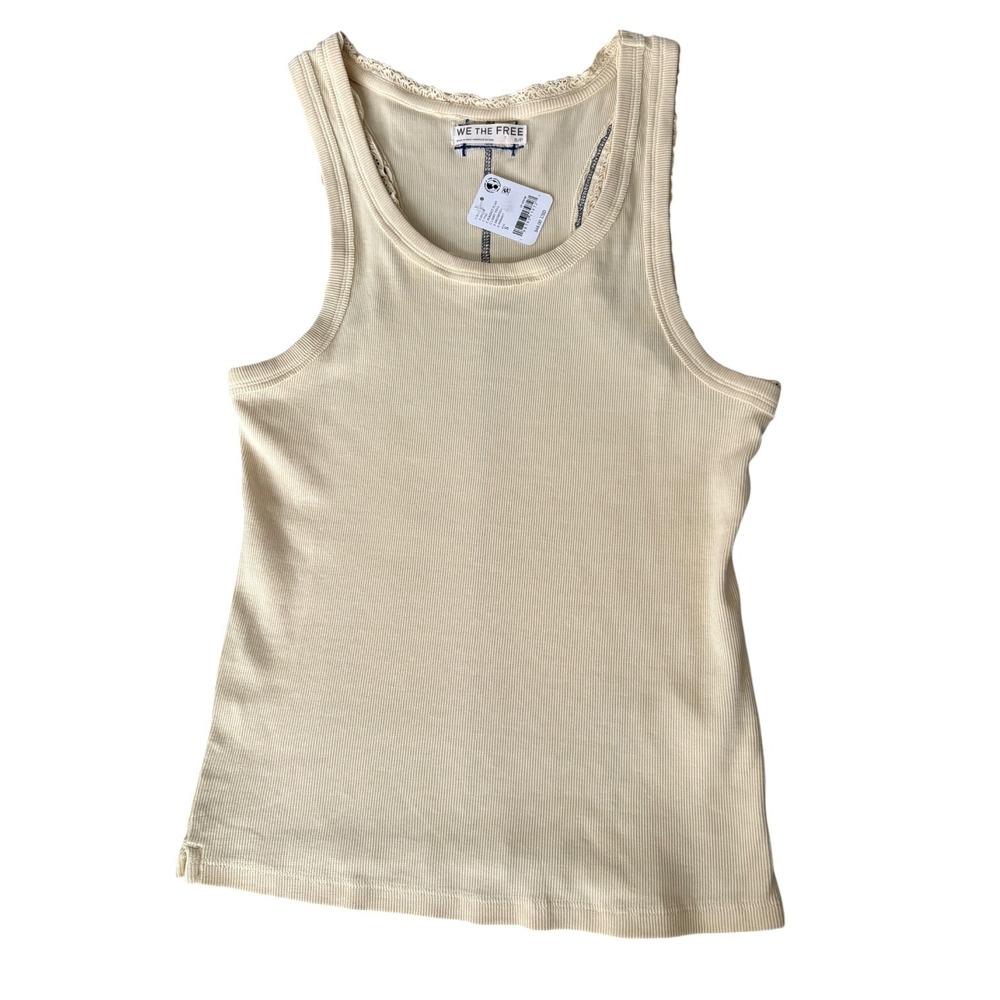 We The Free Free People Perfect Flan Tank Butter Yellow Lace Trim Ribbed S NWT